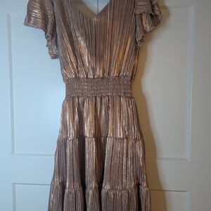 Honey and Rosie Gold Flutter Sleeve Midi Dress